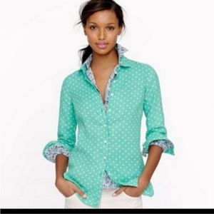 J.Crew linen Perfect shirt button down shirt polka dots size 00 green/white